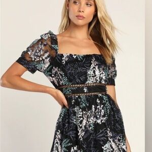 Lulus Radiant Love Black Floral Embroidered Short Sleeve Skater Dress Size S